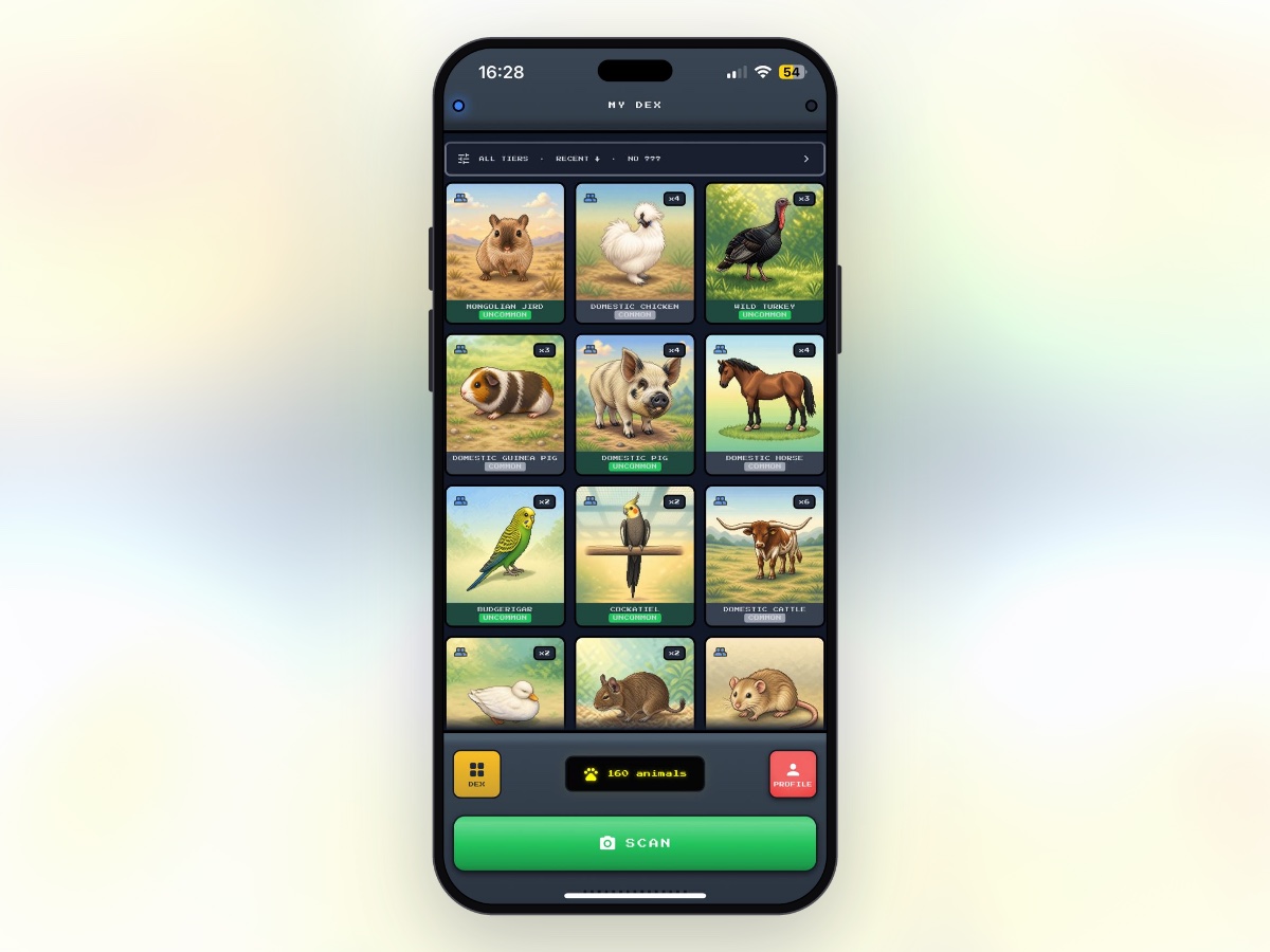 The dobudex app on a phone, showing a grid of scanned animals with a counter at the bottom reading 160 animals