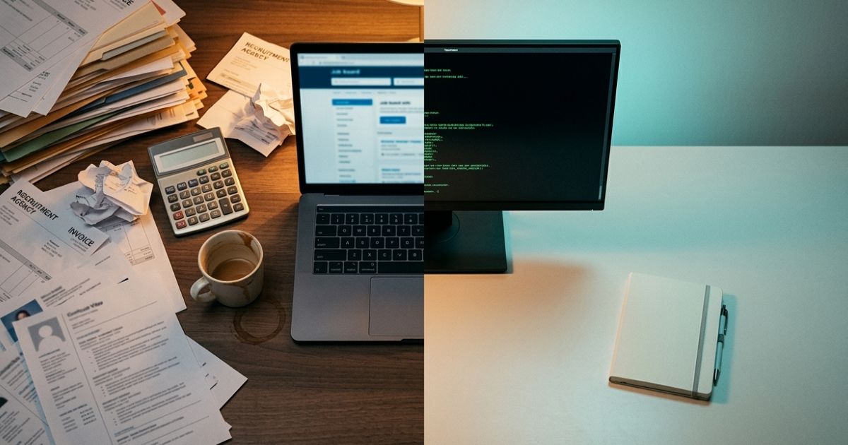 A desk split down the middle. On the left a laptop open on a job board, buried in recruitment invoices, printed CVs, a calculator and a stained coffee cup. On the right a bare desk, a monitor running a terminal, and a closed notebook