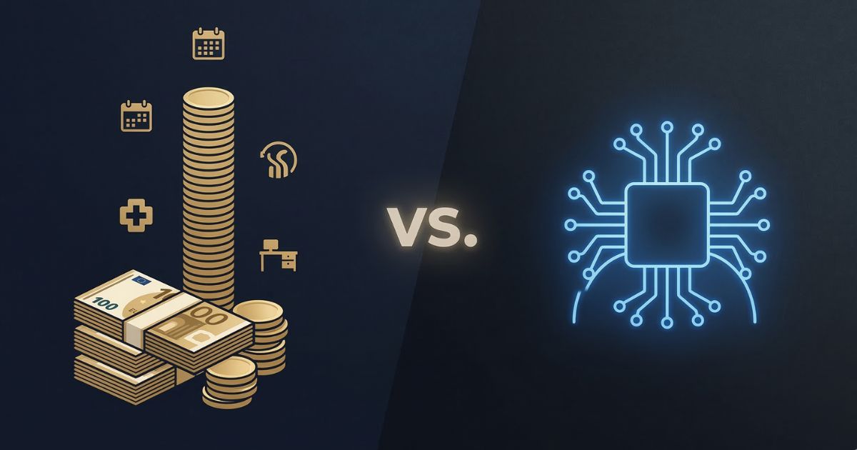 Links een stapel munten en briefjes van honderd euro, omringd door pictogrammen voor verlof, zorg, pensioen en een werkplek. Rechts een oplichtende chip. Daartussen het woord vs