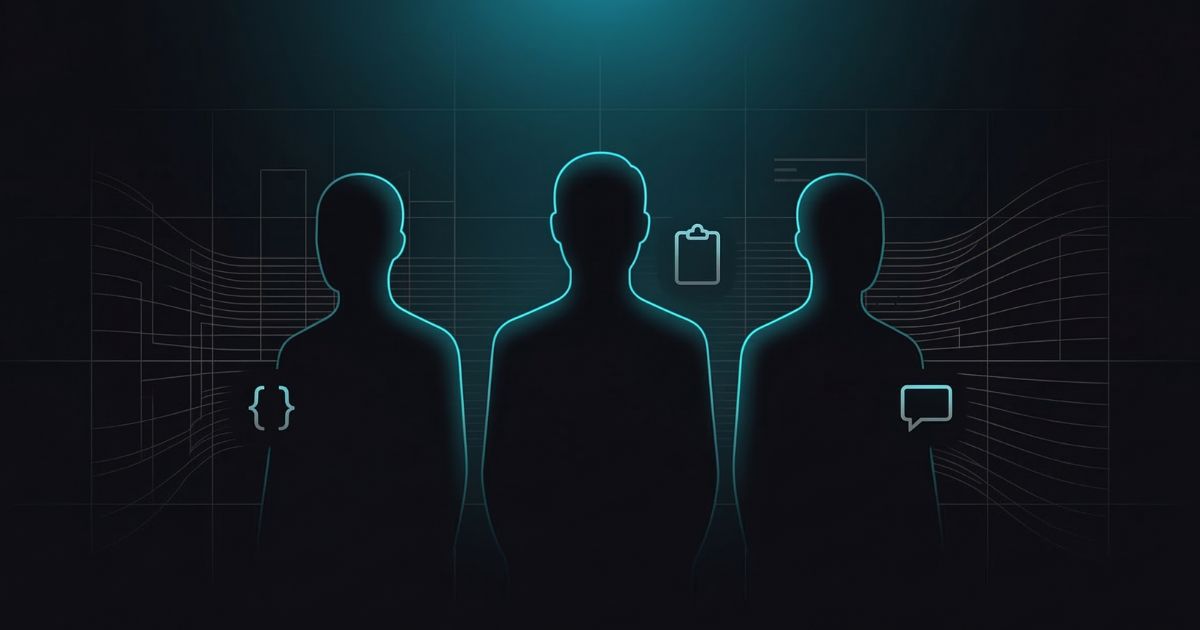 Drie menselijke figuren in lichtlijnen tegen een donker technisch raster, elk naast het pictogram van het werk dat ze doen: accolades, een klembord, een tekstballon